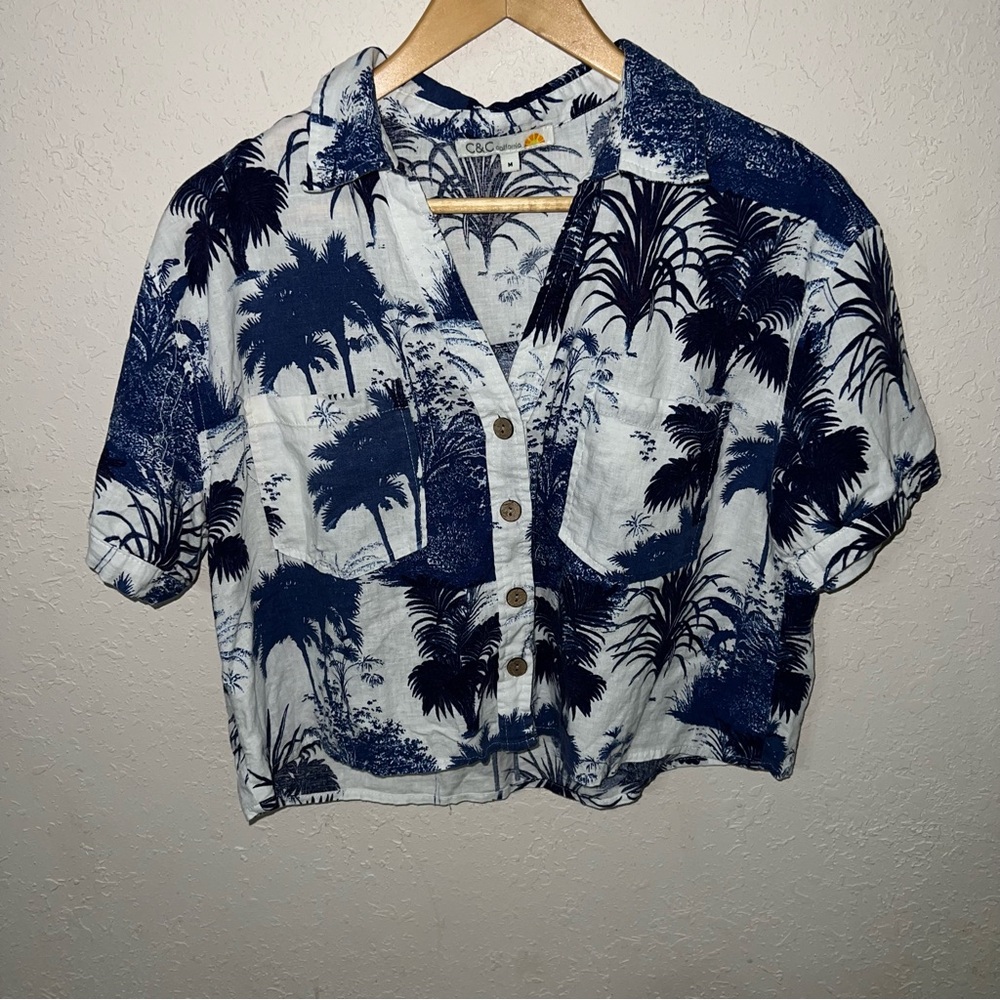 C&C California Blue and White Palm Print Button-Down Shirt
